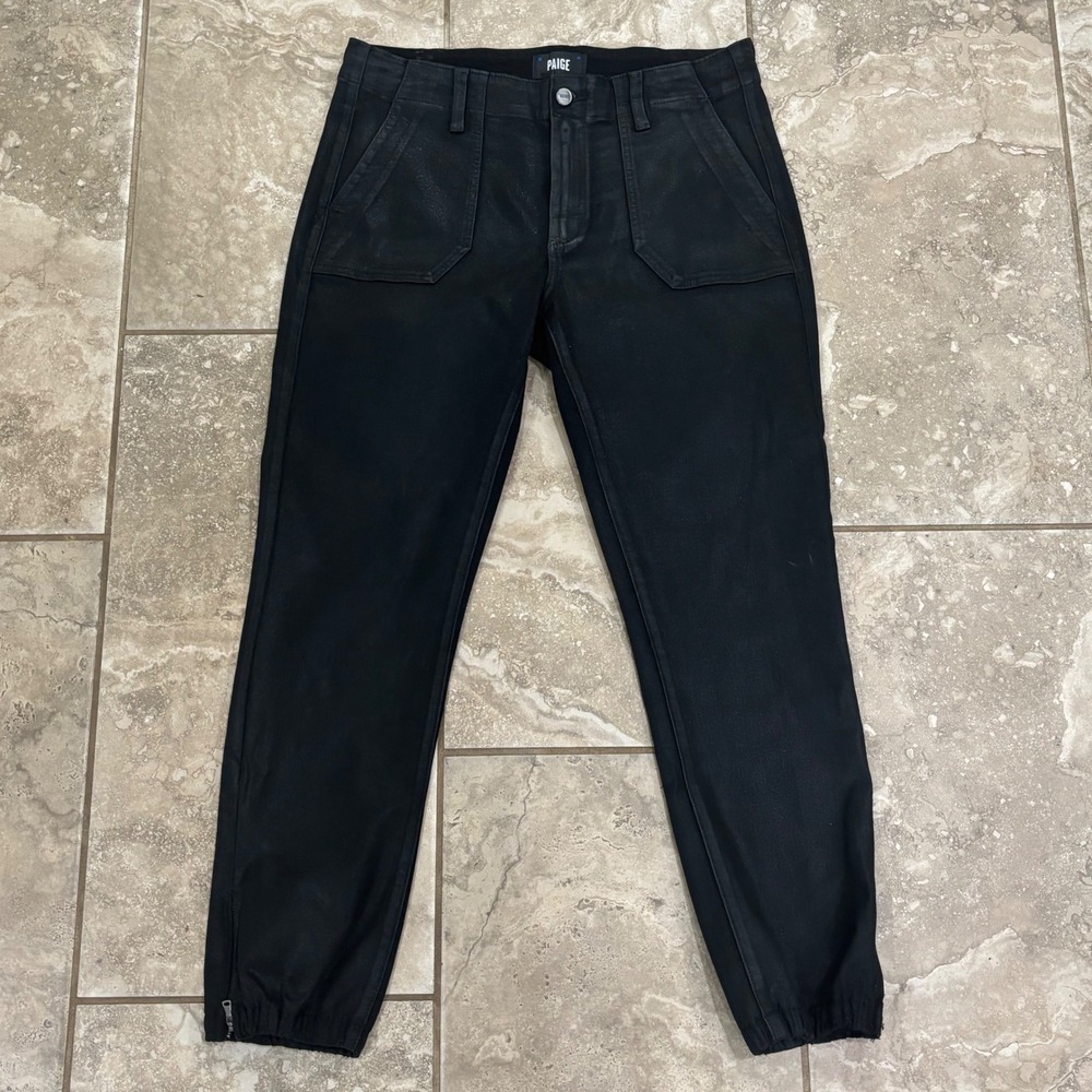 Paige Mayslie Jogger Black Coated Pants Slim Utility 6034901-3364 Size 30